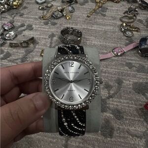 Sofia Vergara Black  Crystal Hinge Open Cuff Bracelet Band Watch 6.5 inch